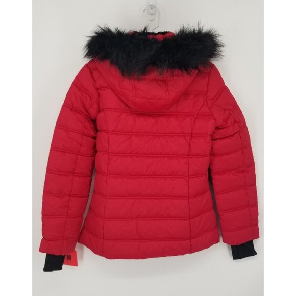 NAUTICA PUFFER COAT WOMENS MEDIUM RED BLACK FAUX FUR TRIM WATER RESISTANT NWT - Picture 4 of 12